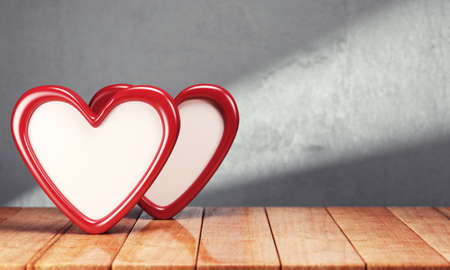 Two hearts on wooden table over gray background. 3d renderingの写真素材
