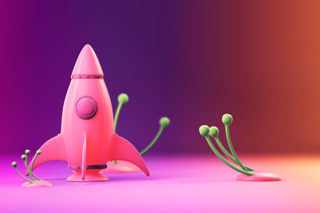 Cartoon style rocket on the alien planet. 3d rendering