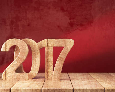 Wooden 2017 New year digits on wooden table on red grunge background. 3d renderの写真素材