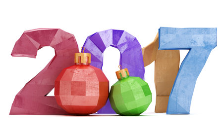 Low poly 2017 New year digits with christmas baubles isolated on white background. 3d rendering