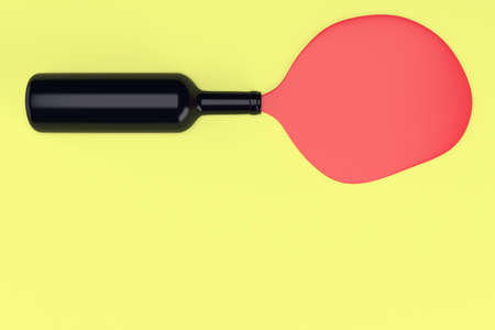 Black wine bootle on yellow background with spilled wine. 3d renderingの写真素材
