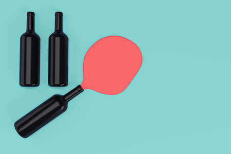 Three black wine bootles on blue-green background with copyspace. 3d renderingの写真素材