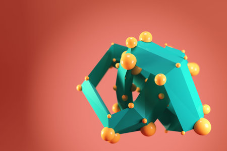 Abstract lowpoly polygonal shape with spheres on dark orange backgroundの写真素材