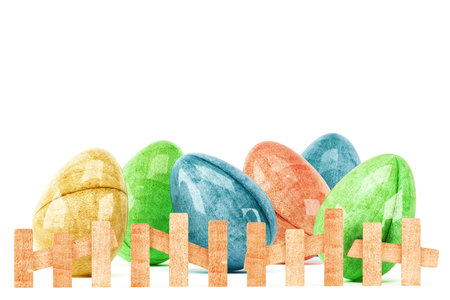 Easter eggs behind wooden fence isolated on white background. 3d rendering