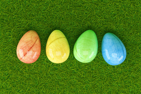 Easter eggd on fresh green grass. 3d illustrationの写真素材