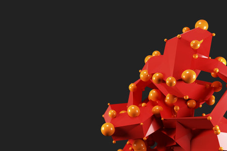 Abstract lowpoly polygonal shape with spheres on dark backgroundの写真素材