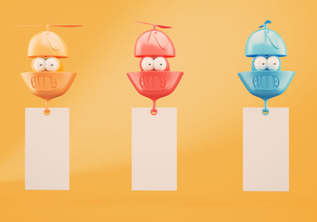 Three colorful flying character with blank banners on orange background. 3d rendering