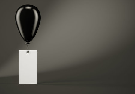 Black balloon with blank banner on dark grey background. 3d rendering