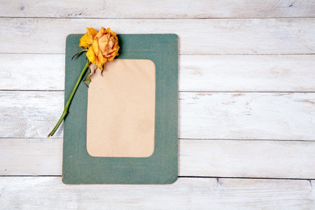 Retro photo frame with dry rose on white wooden background
