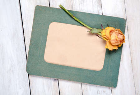 Retro photo frame with dry rose on white wooden backgroundの写真素材