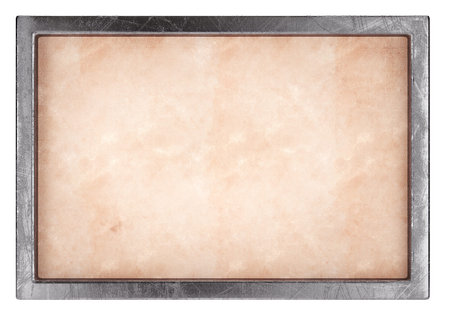 Blank old paper with metal frame isolated on white background. 3d rendering