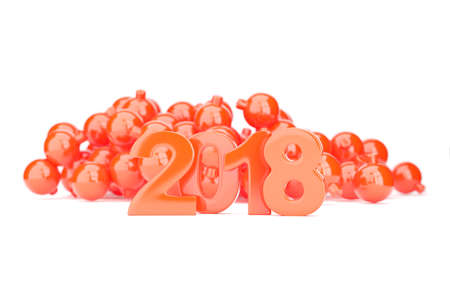 Red 2018 new year figures with baubles in the back isolated on white background. 3d renderingの写真素材