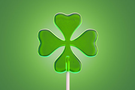 Lollipop candy in four leaf clover shape on green background. 3d rendering