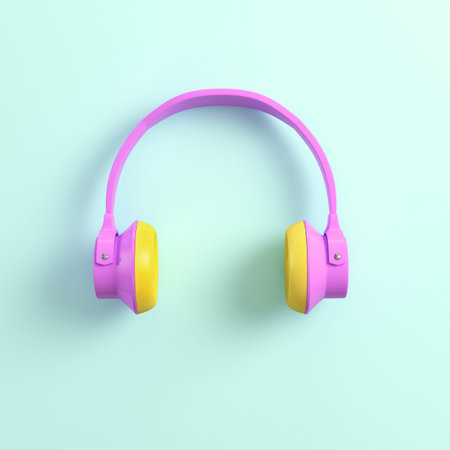 Pink headphones on bright background in pastel colors. Top view. 3d rendering