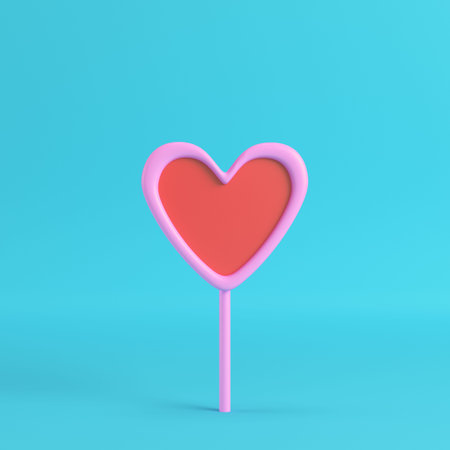 Pink with red heart on a stick on bright blue background in pastel colors. Minimalism concept. 3d renderの写真素材