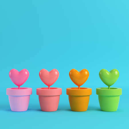 Colorfull hearts in the pots on red box on bright blue background in pastel colors. Minimalism concept. 3d renderの写真素材