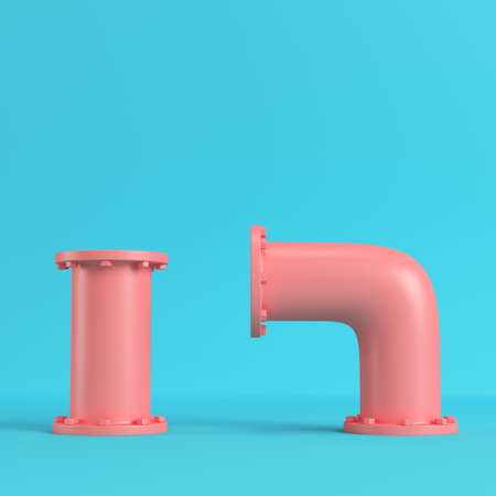 Red water pipes on bright blue background in pastel colors. Minimalism concept. 3d renderingの写真素材