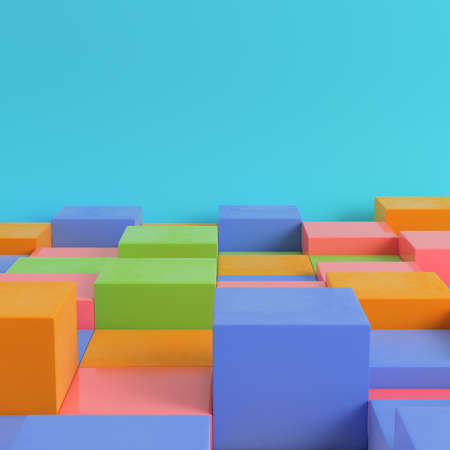 Colorfull boxes on bright blue background in pastel colors. Minimalism concept. 3d renderingの写真素材