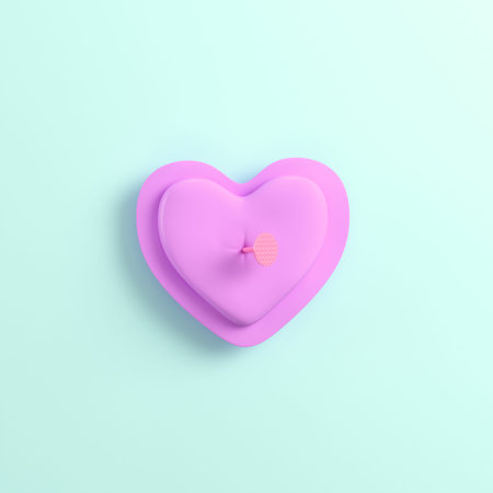 Pink heart pinned by nail on bright background in pastel colors. 3d rendering