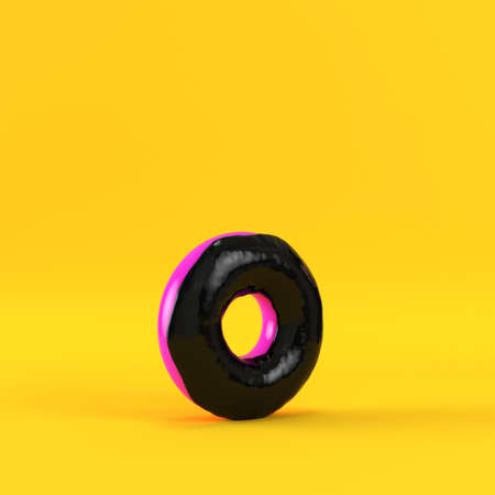 Donut with black glaze on yellow background. 3d renderの写真素材