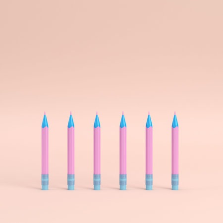 Pencils with erasers on bright background in pastel colors with copy space. 3d renderingの写真素材