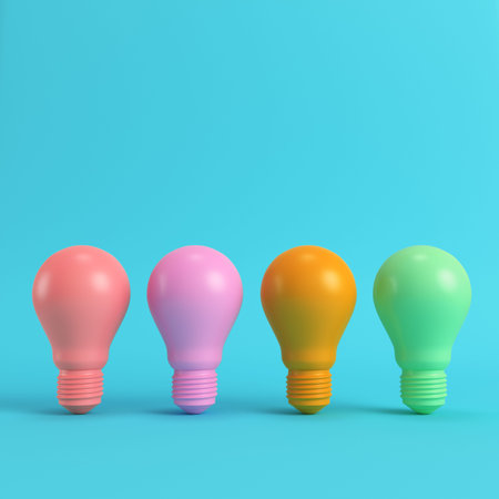 Colorful light bulbs on bright blue background in pastel colors. Minimalism concept. 3d render