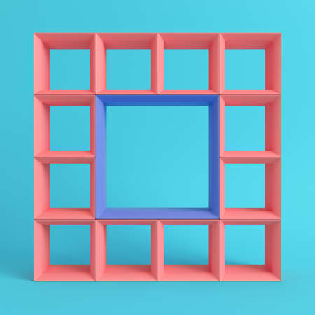 Empty square shelfs on bright blue background in pastel colors. 3d renderingの写真素材