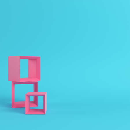 Empty display stand on bright blue background in pastel colors with copy space. 3d renderingの写真素材
