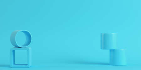 Empty display stand on bright blue background in pastel colors with copy space. 3d renderingの写真素材