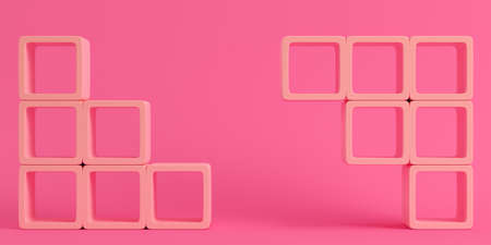Empty square shelfs on bright pink background in pastel colors. 3d renderingの写真素材