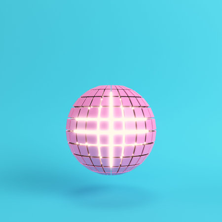 Abstract segmented pink sphere glowing inside on bright blue background in pastel colors with copy...
