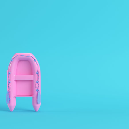 Pink inflatable boat on bright blue background in pastel colors. Minimalism concept. 3d render