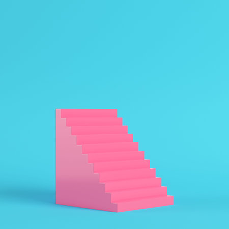 Pink abstract stair on bright blue background in pastel colors. Minimalism concept. 3d render