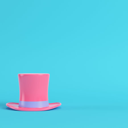 Pink top hat on bright blue background in pastel colors. Minimalism concept. 3d renderの写真素材