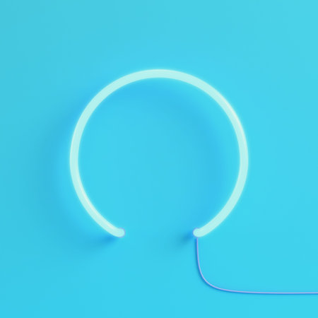 Pink neon light on bright blue background in pastel colors. Minimalism concept. 3d render