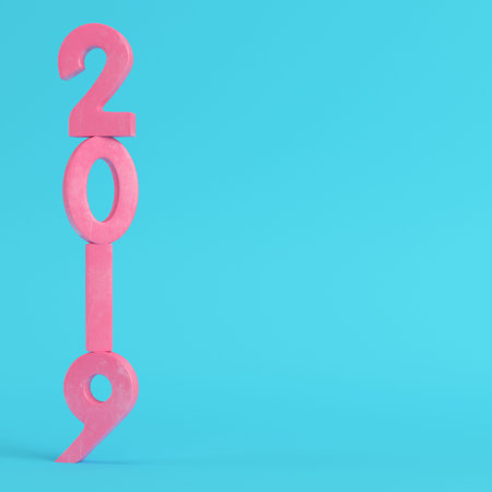 Pink new year 2019 figures on bright blue background in pastel colors. Minimalism concept. 3d renderの写真素材
