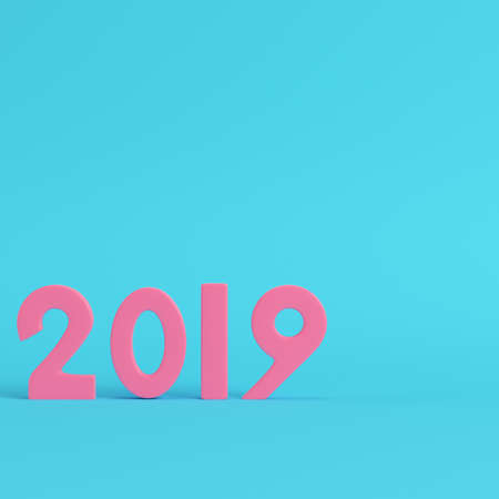 Pink new year 2019 figures on bright blue background in pastel colors. Minimalism concept. 3d renderの写真素材