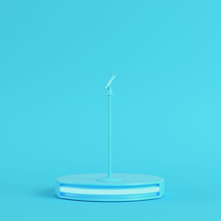 Stage with microphone on bright blue background in pastel colors. Minimalism concept. 3d render