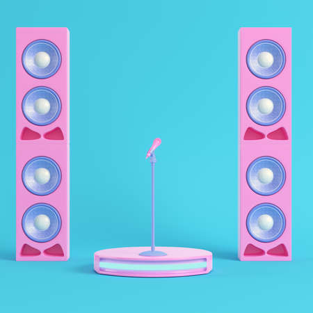 Concert stage with microphone and speakers on bright blue background in pastel colors. Minimalism concept. 3d renderの写真素材
