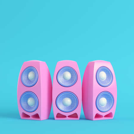 Pink cartoon-styled speaker on bright blue background in pastel colors. Minimalism concept. 3d renderの写真素材
