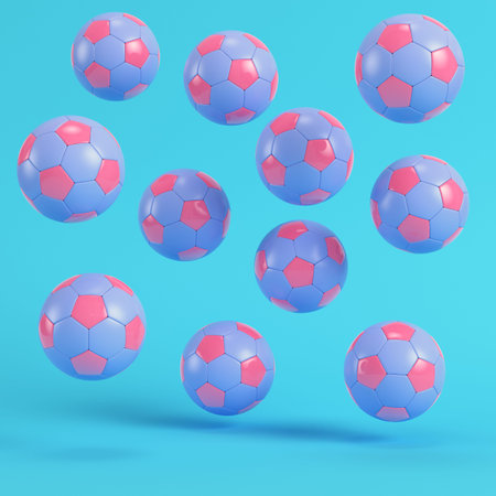 Pink flying soccer balls on bright blue background in pastel colors. Minimalism concept. 3d renderの写真素材