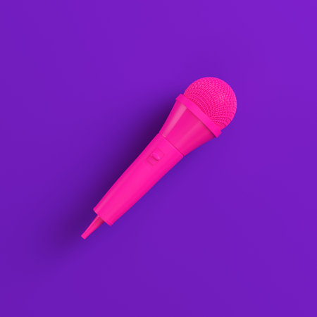 Pink microphone on purple background. Minimalism concept. 3d renderの写真素材