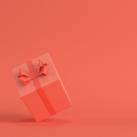 Gift box with bow in living coral color. Minimalism concept. 3d render