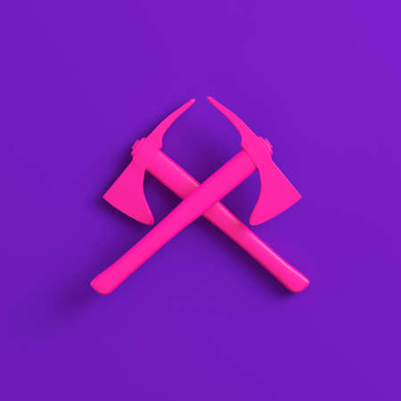 Pink two crossed axes on purple background. Minimalism concept. 3d renderの写真素材