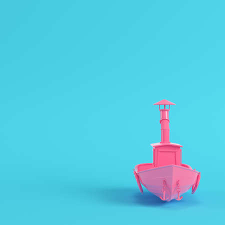 Pink fishing boat on bright blue background in pastel colors. Minimalism concept. 3d renderの写真素材