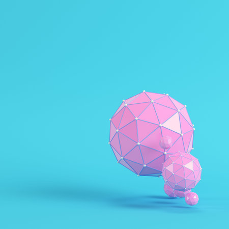 Pink low poly abstract spheres on bright blue background in pastel colors. Minimalism concept. 3d...