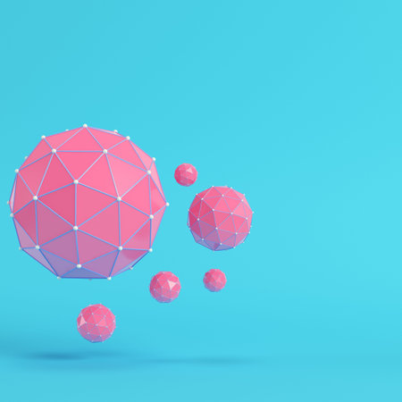 Pink low poly abstract spheres on bright blue background in pastel colors. Minimalism concept. 3d...