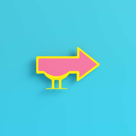 Yellow billboard in arrow shape on bright blue background in pastel colors. Minimalism concept. 3d renderの写真素材