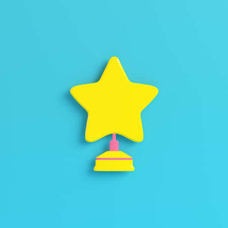 Yellow star with stand on bright blue background in pastel colors. Minimalism concept. 3d renderの写真素材
