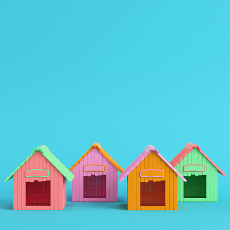Four colorful doghouses on bright blue background in pastel colors. Minimalism concept. 3d render